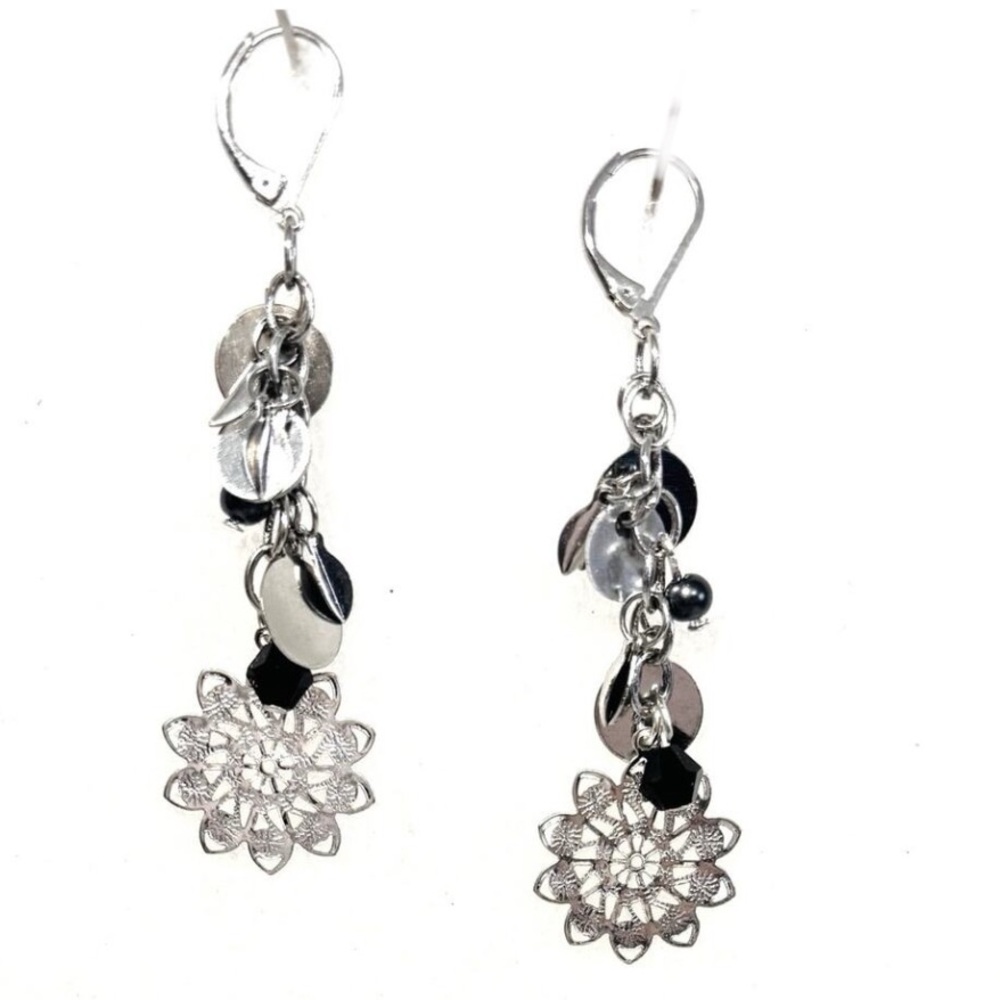 Handmade Silver Steel Shiny Coin drop Beaded Earrings Pierced or Clip on 1.5in